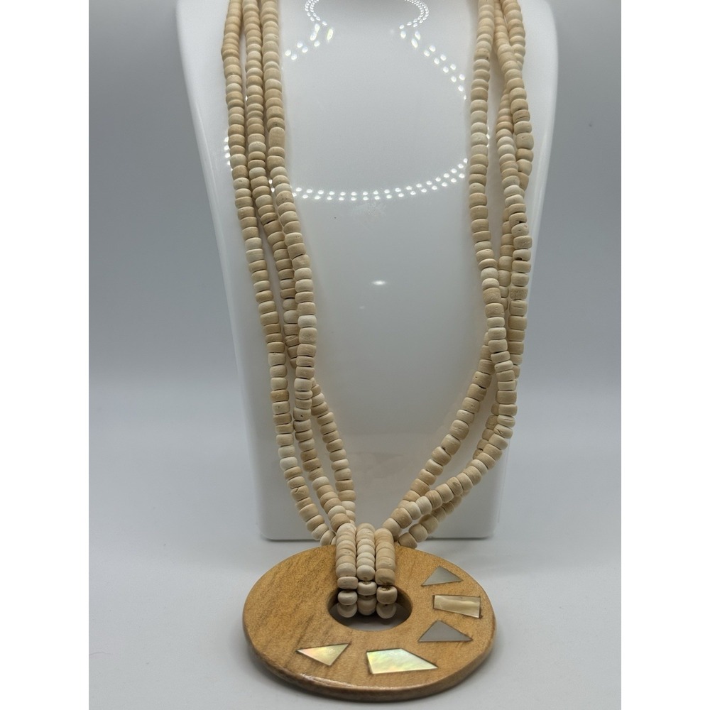 Vintage Wood Beaded Necklace Circle Pendant Multi Strand Boho 19"